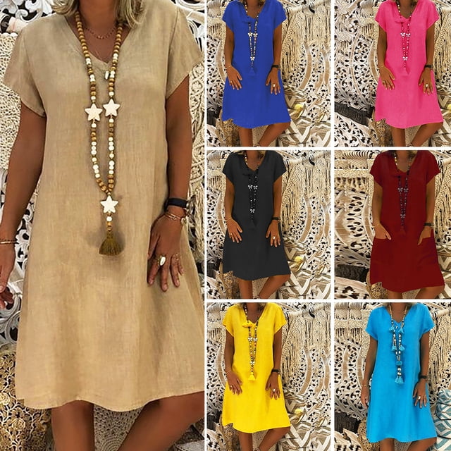 Farfi Casual mujer verano playa suelta color sólido lino manga corta vestido de cuello en V caqui Farfi Vestido