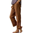 thumbnail image 3 of Lumtrix Cropped Cotton Linen Pants Women Drawstring Straight Leg Lace Patchwork Summer Casual Beach Boho Pants Capris with Pockets Brown M, 3 of 5