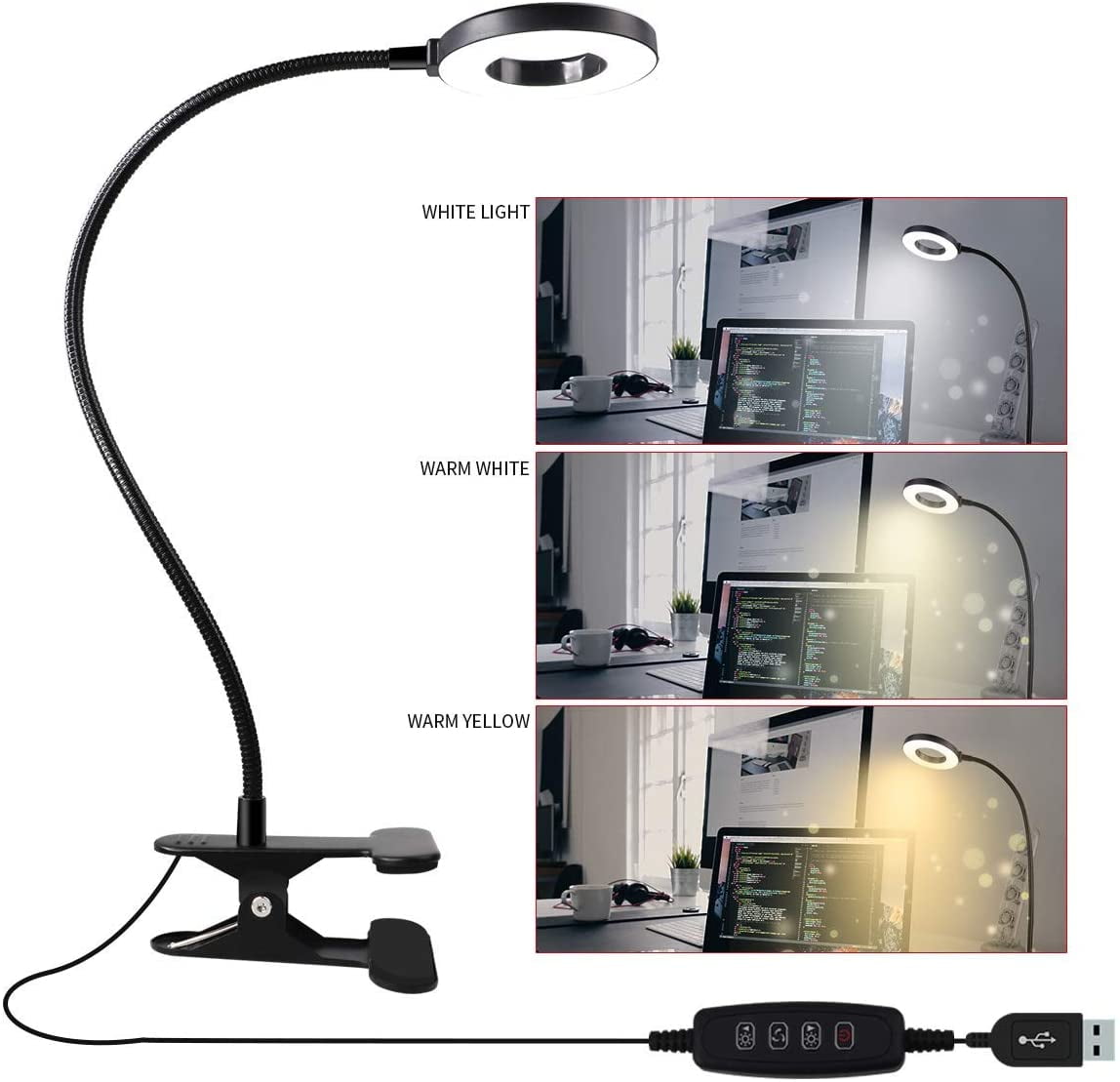 YEOLEH LED Desk Lamp Clip on Light,USB Powered Reading Lamp with 3