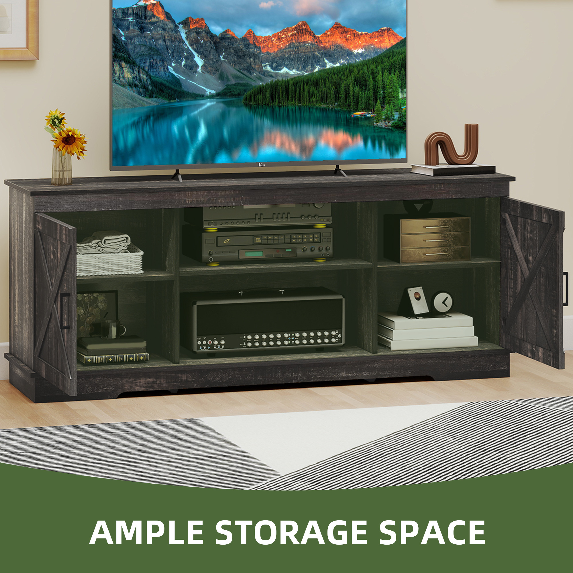Uforic Farmhouse TV Stand for up 65" TVs, Entertainment Center Console Table for Living Room, Dark Oak