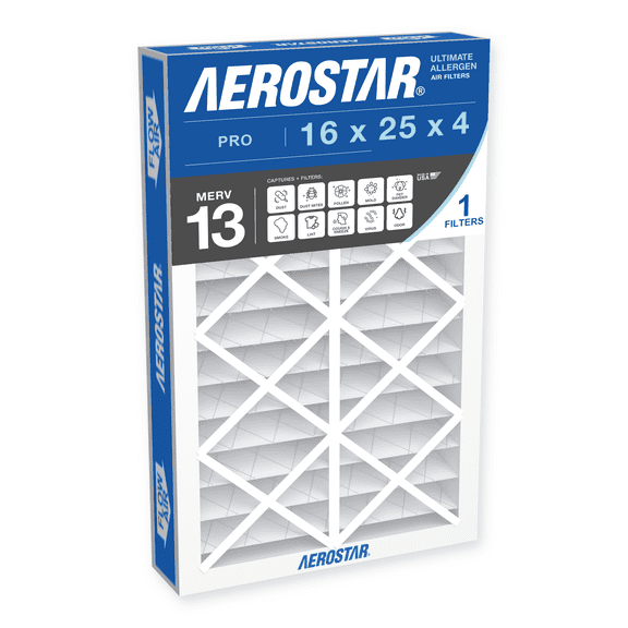 Aerostar 16x25x4 MERV 13 Air Filter, Pleated AC Furnace HVAC, Smoke Bacteria Allergy, 1 Pack
