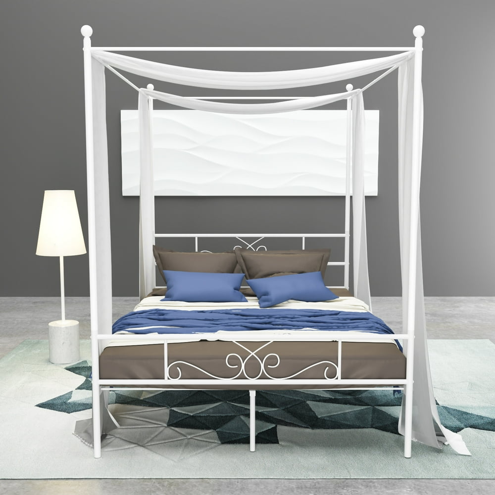 Teraves 4 Post Metal Canopy Twin Bed Frame w/ Heart Scroll Design