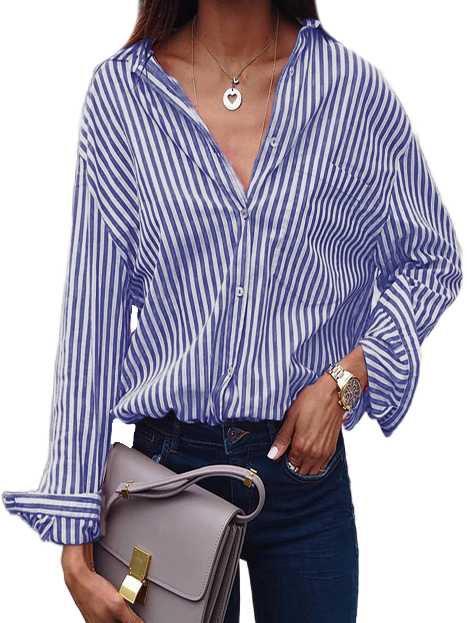 Glonme Women Button Down Collar Shirt Plus Size Work Blouse Striped