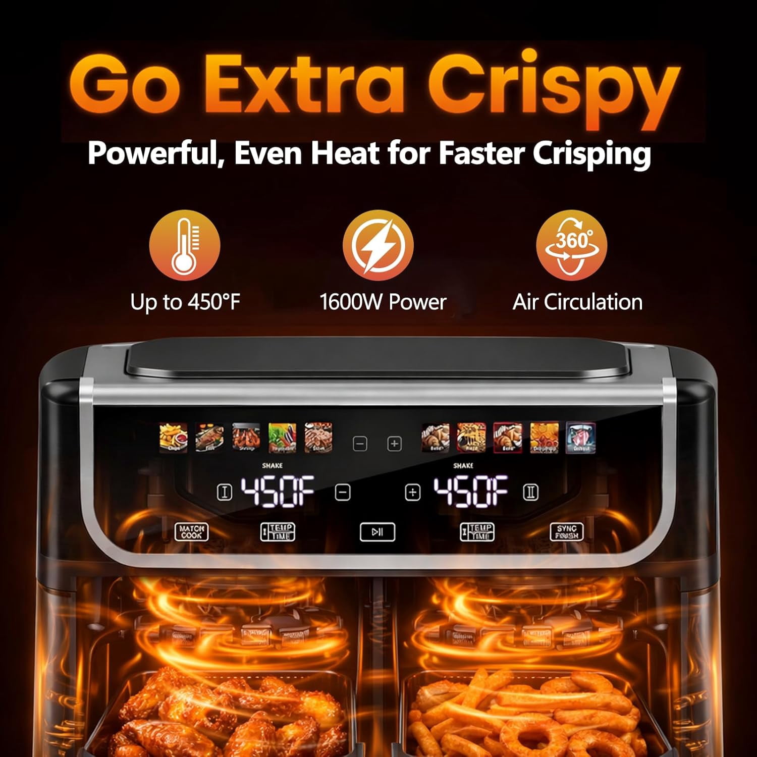 VANECL 9.5QT Dual Basket Air Fryer, Independent Temp Control, Sync Setting, Shake Reminder, 10 Presets: Bake/Roast/Broil/Dehydrate, Black