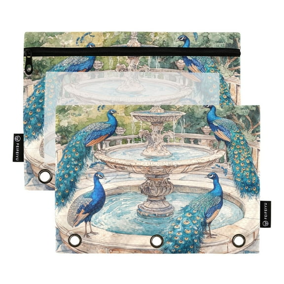 2 Pack Pencil Bag 9.84x6.1 Inch 3-Ring Page Turning Folder Zipper Pencil Case Pencil Bag Page Turning File Bag Peacocks