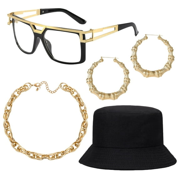 Halloween 80s/90s Hip Hop Costume Kit for Women & Men - Gold Chain, Bucket Hat, Retro Glasses, Hoop Earrings & Hip Hop Jewelry Set