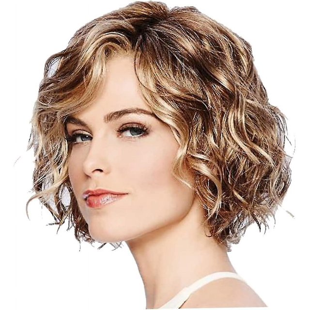 Peluca ondulada de pelo Bob, peluca rizada ondulada corta marrón mixta, pelucas sintéticas de aspecto natural, pelo de fibra resistente al calor para mujeres y niñas, juego de 1 pieza