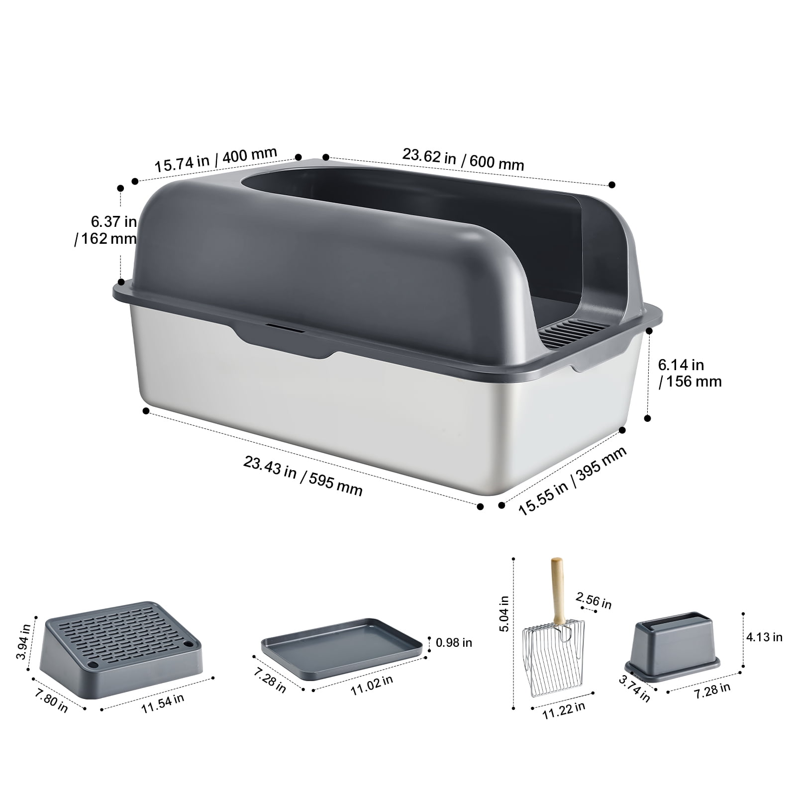 KFFKFF Extra Large Stainless Steel Cat Litter Box, 6-Inch Deep Design with Scoop, High Sides & Wide Filtering Foot Board, Enclosed and Easy to Clean, Ideal for Large Cats