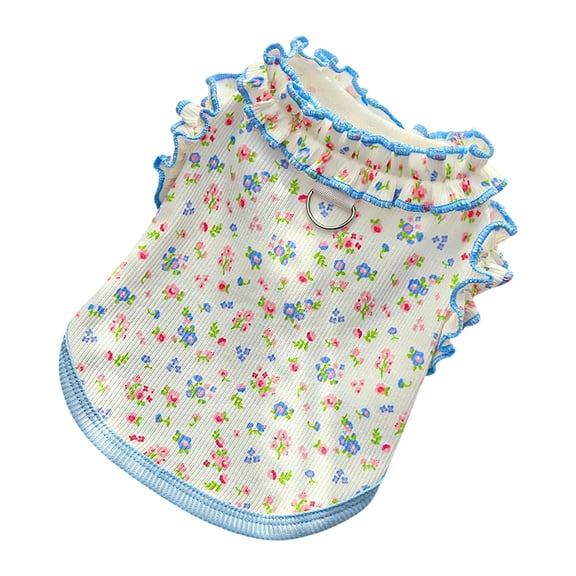 Floral Dog T-Shirts with D-Ring Ruffled Girl Puppy Clothes for Small Dogs Boy, Lightweight Sleeveless Pet Vest Spring Summer, for Cats Doggies Outfits Park Use