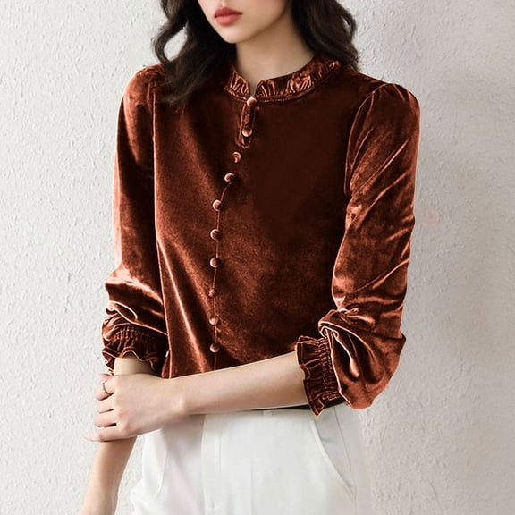 Craaazy Women's Solid Color Long-Sleeve Velvet Crewneck Tops Gifts