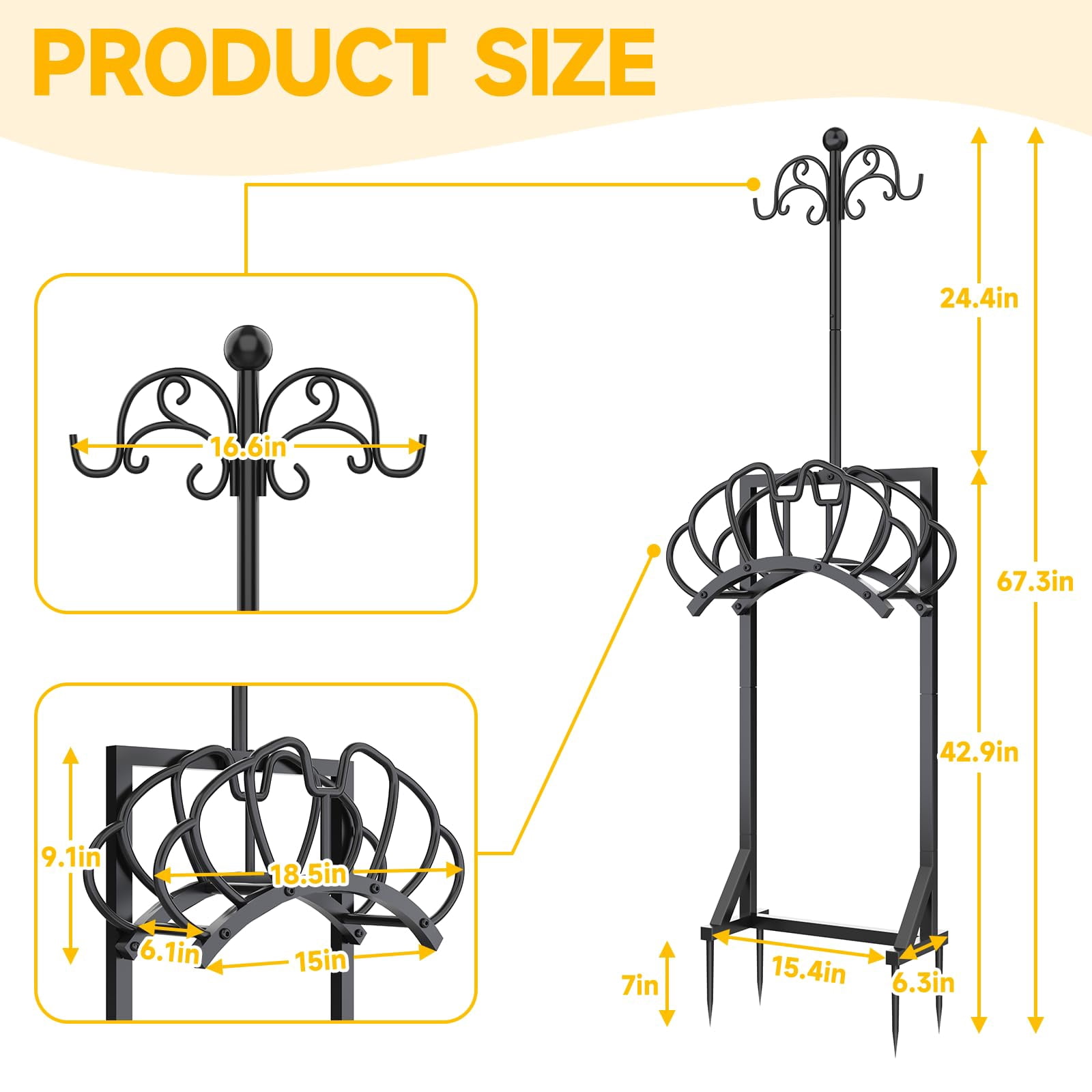Garden Hose Holder for Outside, Garden Hose Reel with 2 Shepherds Hooks, Heavy Duty Freestanding Water Pipe Stand, Black
