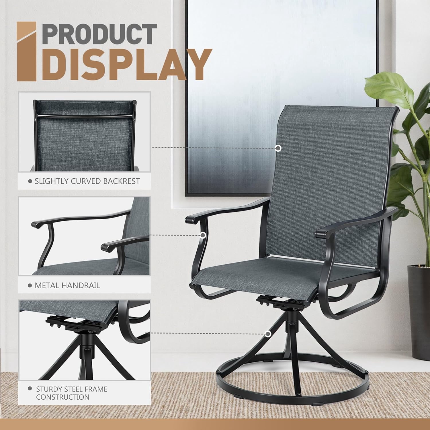 SOLAURA Patio Swivel Rocker Dining Chairs Set of 2, Outdoor Textilene Chairs for Porch, Garden, Backyard, Deck, and Lawn, Dark Gray