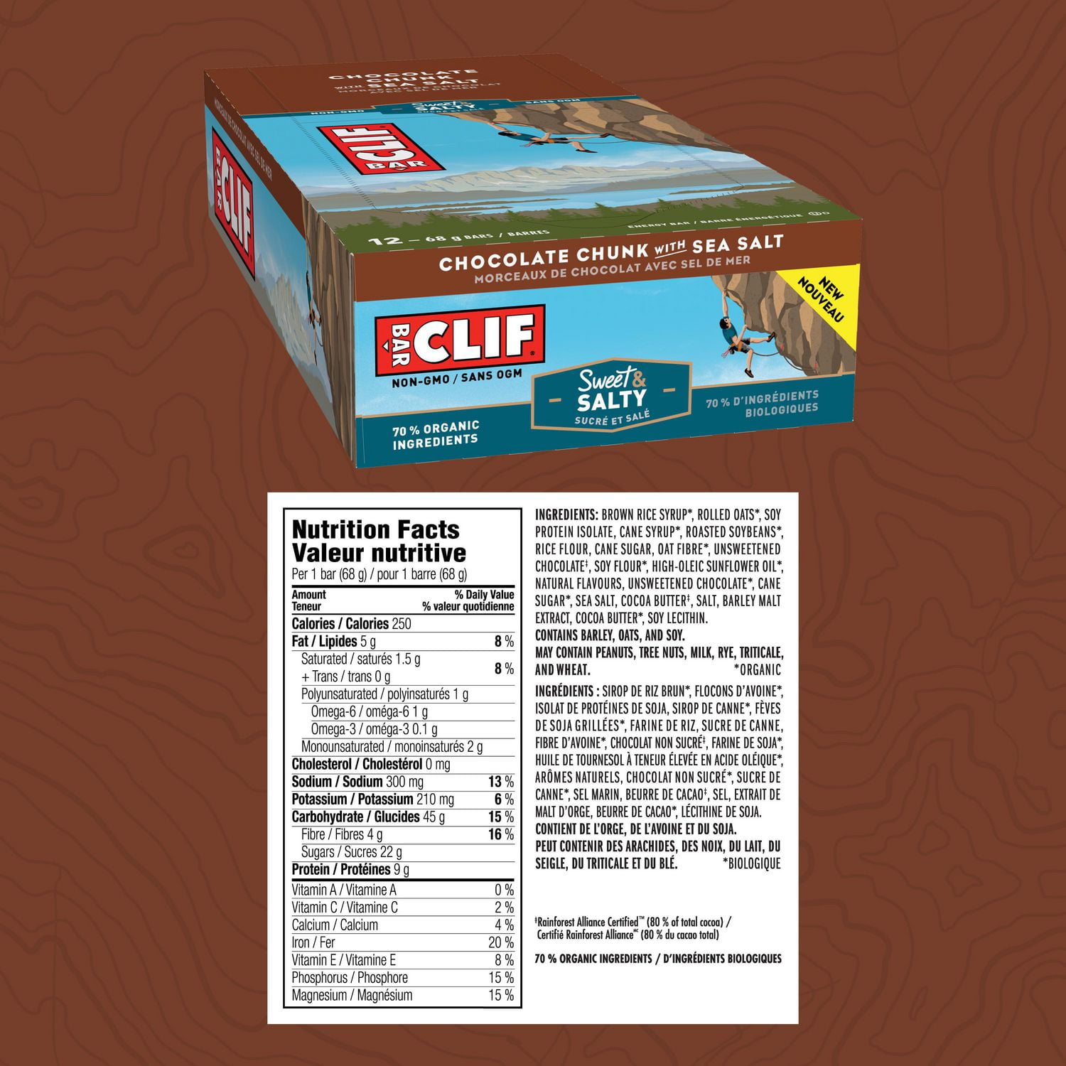 Barre énergétique Bar de CLIF au morceaux de chocolat avec sel de mer 12x68g