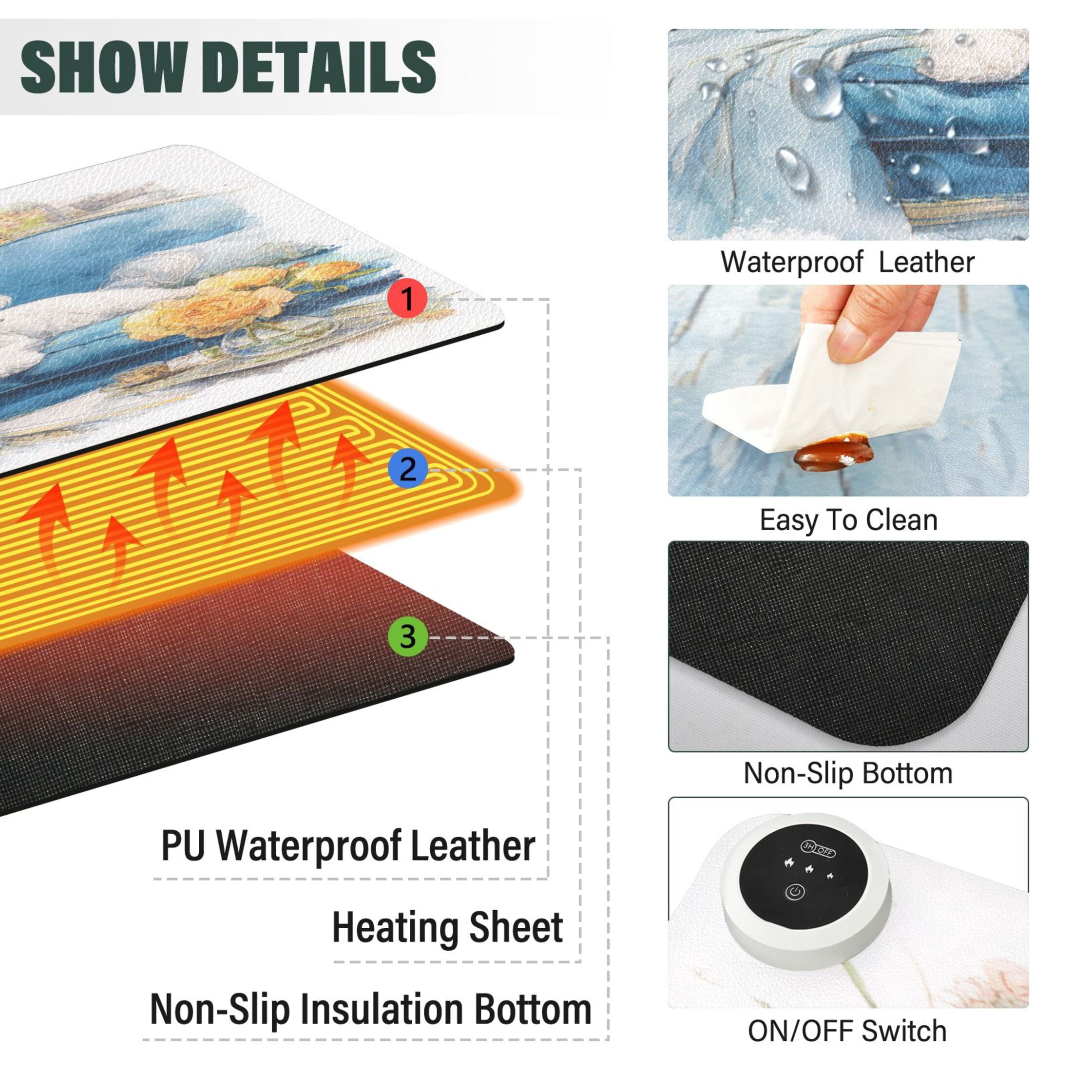 Large Heated Desk Mat Mouse Pad 31.5"x13"PU Leather Graphene Heating Desk Warmer with 3 Temperature Settings 110V US Plug Non-Slip Warm Pad for Home, Office, and Gaming The Obedient Shih Tzu Dog