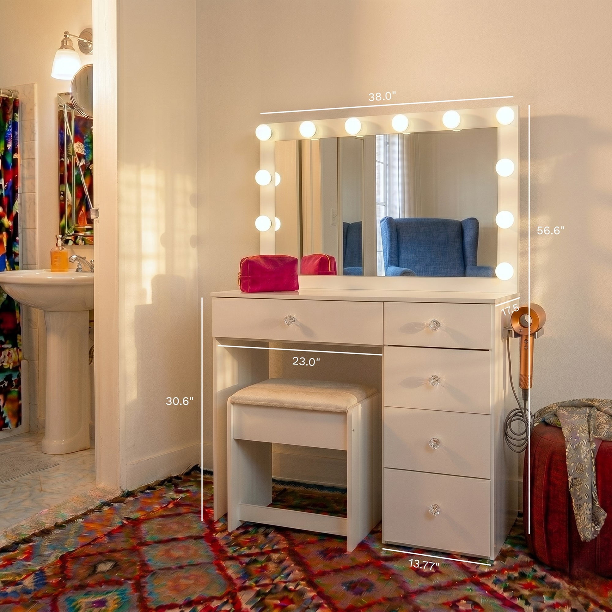 Ember Interiors Nadia Makeup Vanity Desk with 12 LED Lights, 5 Drawers, USB Charging Station, and Stool, White