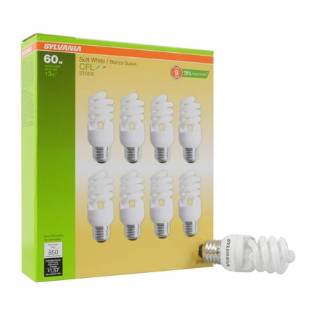 (8 bulbs) Sylvania CFL T2 Twist Light Bulb, 60W Equivalent, Efficient 13W, 850 Lumens, Medium Base, 2700K, Soft White