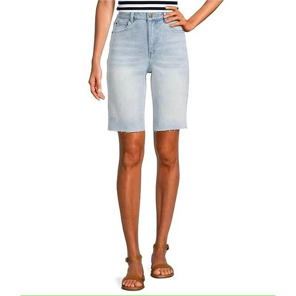 A Loves A High Rise Frayed Hem Stretch Denim Bermuda Shorts - Size 27 Light Wash Mom Denim