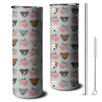 20oz Cute Pitbull Terriers Dog and Flower Skinny Tumblers Stainless Steel Tumbler with Lid and Straw,Vacuum Insulated Double Wall Travel Tumbler Cups with Cleaning Brush for Coffee,Tea