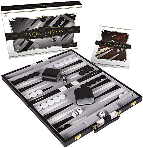 Crazy Games Backgammon Set - Classic Black Large 18 Inch Backgammon Sets  for Adults Board Game with Premium Leather Case - Best Strategy & Tip Guide  
