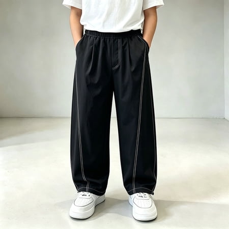 Boys Wide Leg Pants Elastic Waist Contrast Color Loose Trousers Casual Fashion Streetwear For Kids Black 5-6 Years