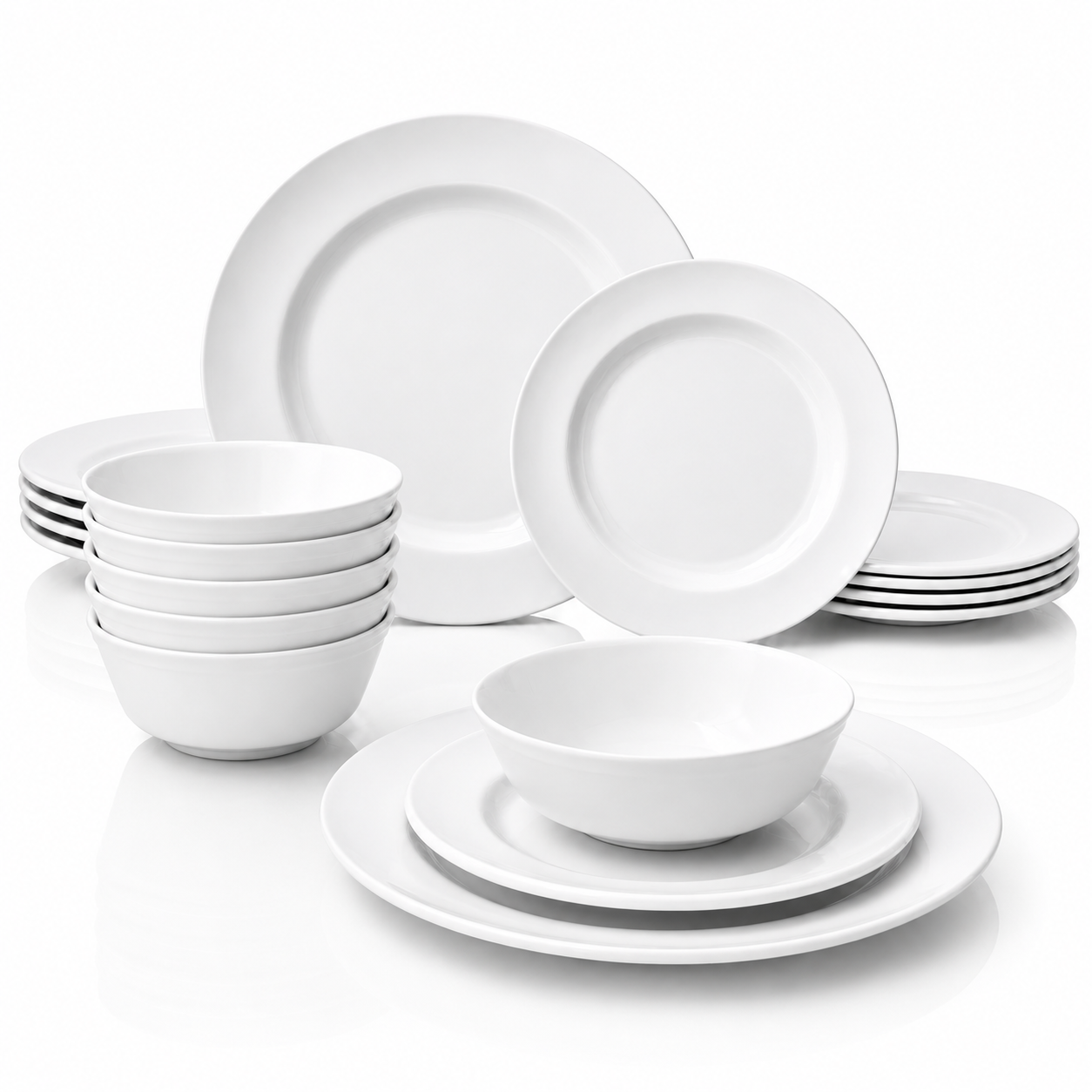 TP 18-Piece Pure White Melamine Dinnerware Set, Plates and Bowls Set, Service for 6, Dishwasher Safe