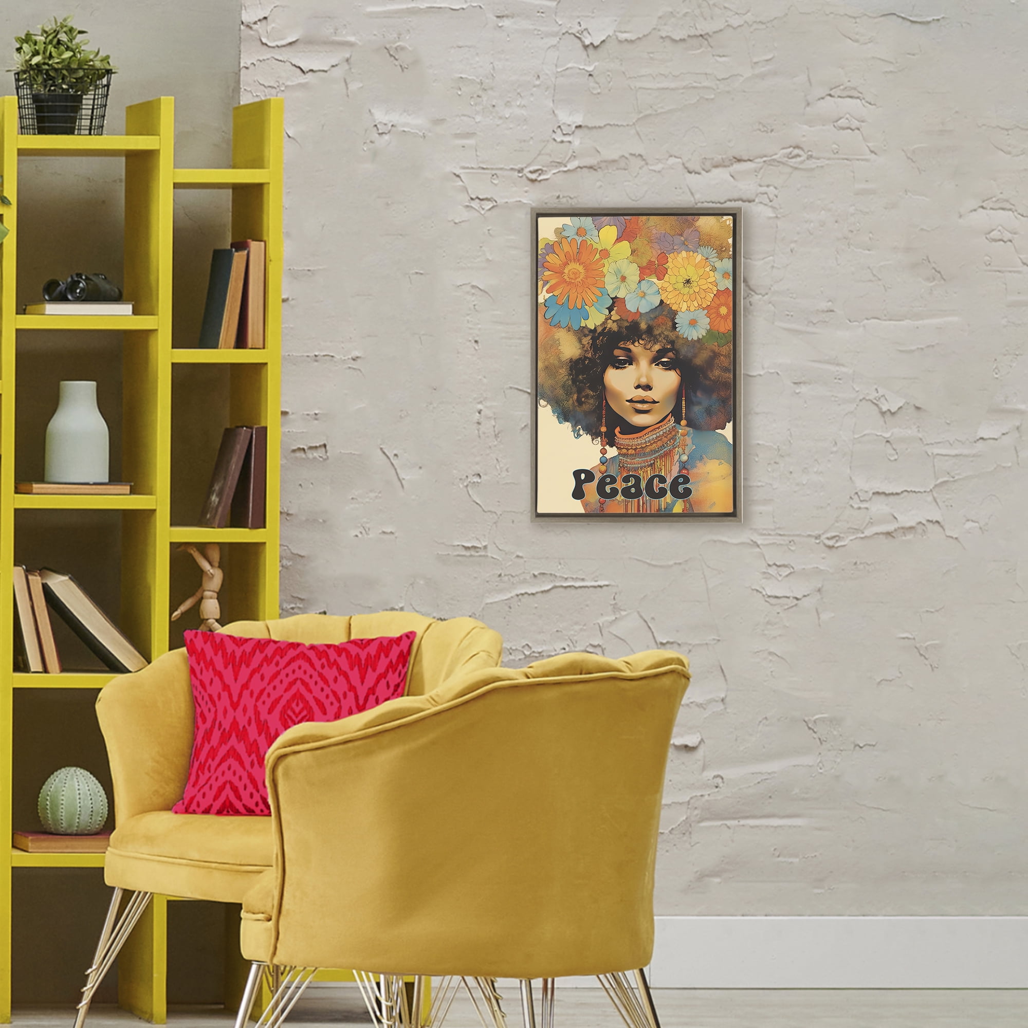Peace Groovy Afro Girl Brown Framed Floater Canvas Wall Art, design by Sasha