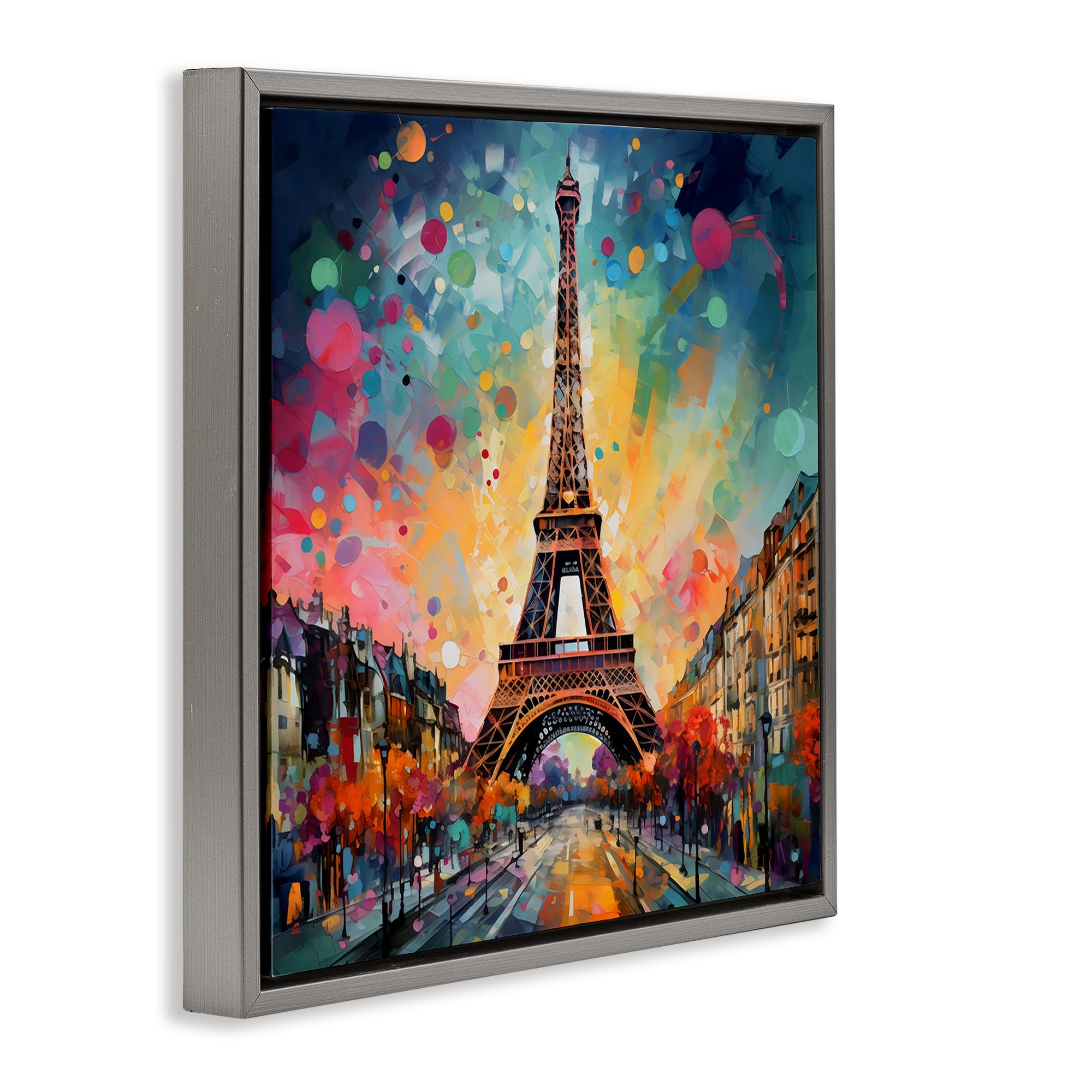 Stupell Industries Eiffel Tower with Vibrant Dots Gray Framed Floater Canvas Wall Art, design by Creative Studio