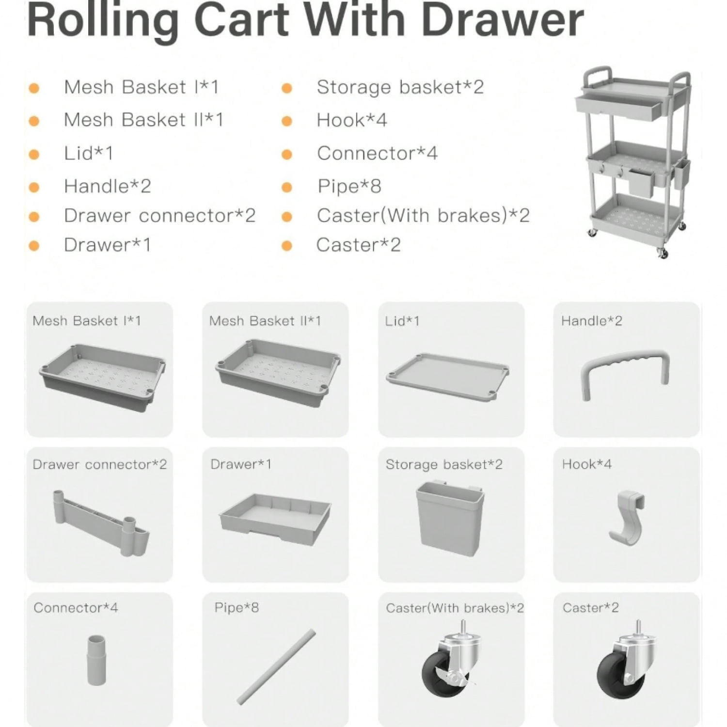 NTGFU 3 Tier Rolling Storage Cart with Drawers Rolling Utility Cart with Drawers,Room Decor,Bathroom Decor,Rolling Utility Cart Rolling Storage Organizer Tool for Kitchen,Light Grey