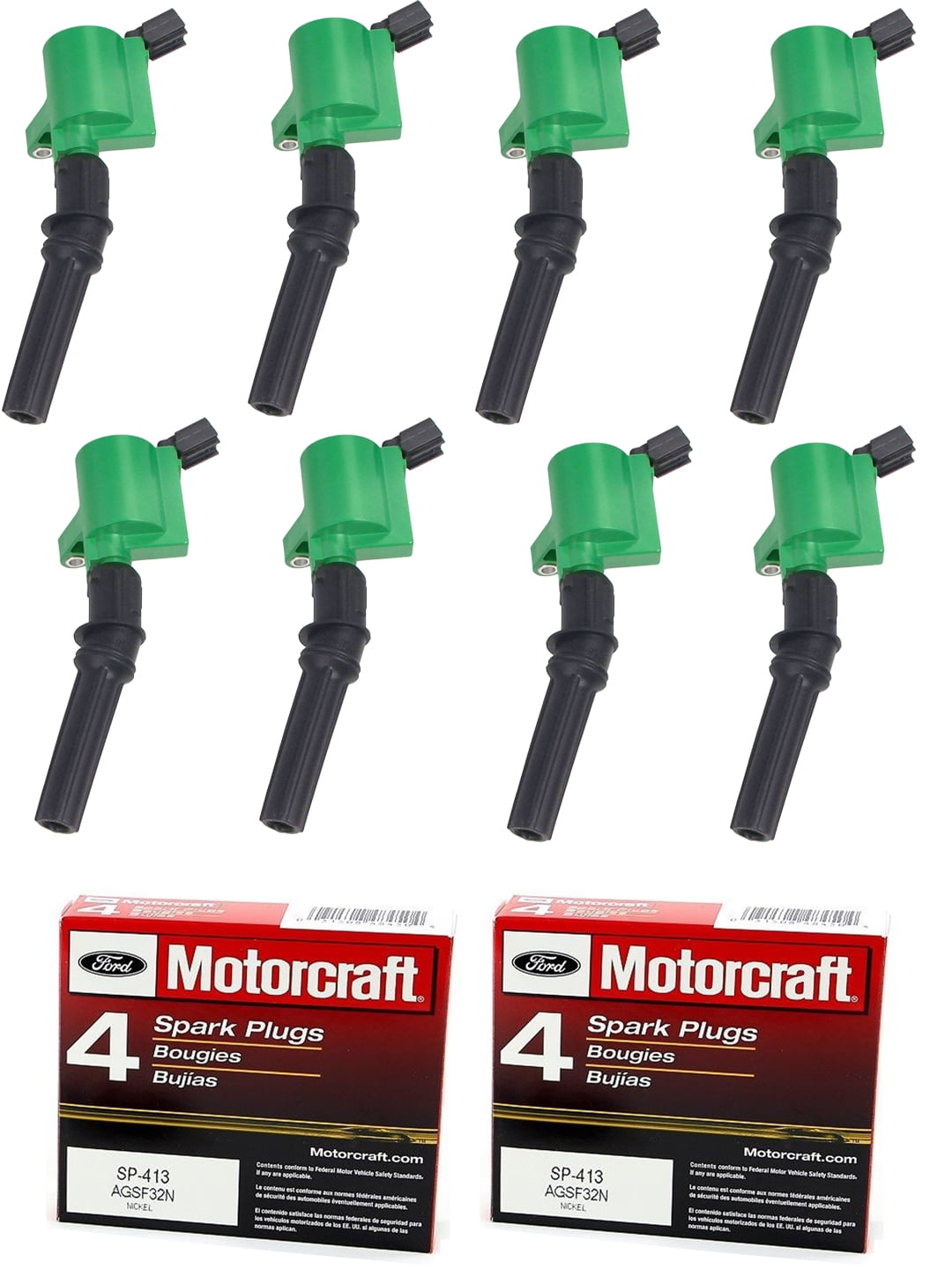 Set of 8 ISA Green Ignition Coils & Motorcraft Spark Plugs SP413 For