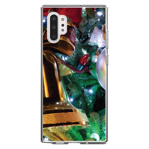 DistinctInk Clear Shockproof Hybrid Case for Galaxy Note 10 PLUS (6.8" Screen) - TPU Bumper, Acrylic Back, Tempered Glass Screen Protector - Christmas Ornaments Bell - Christmas All Year