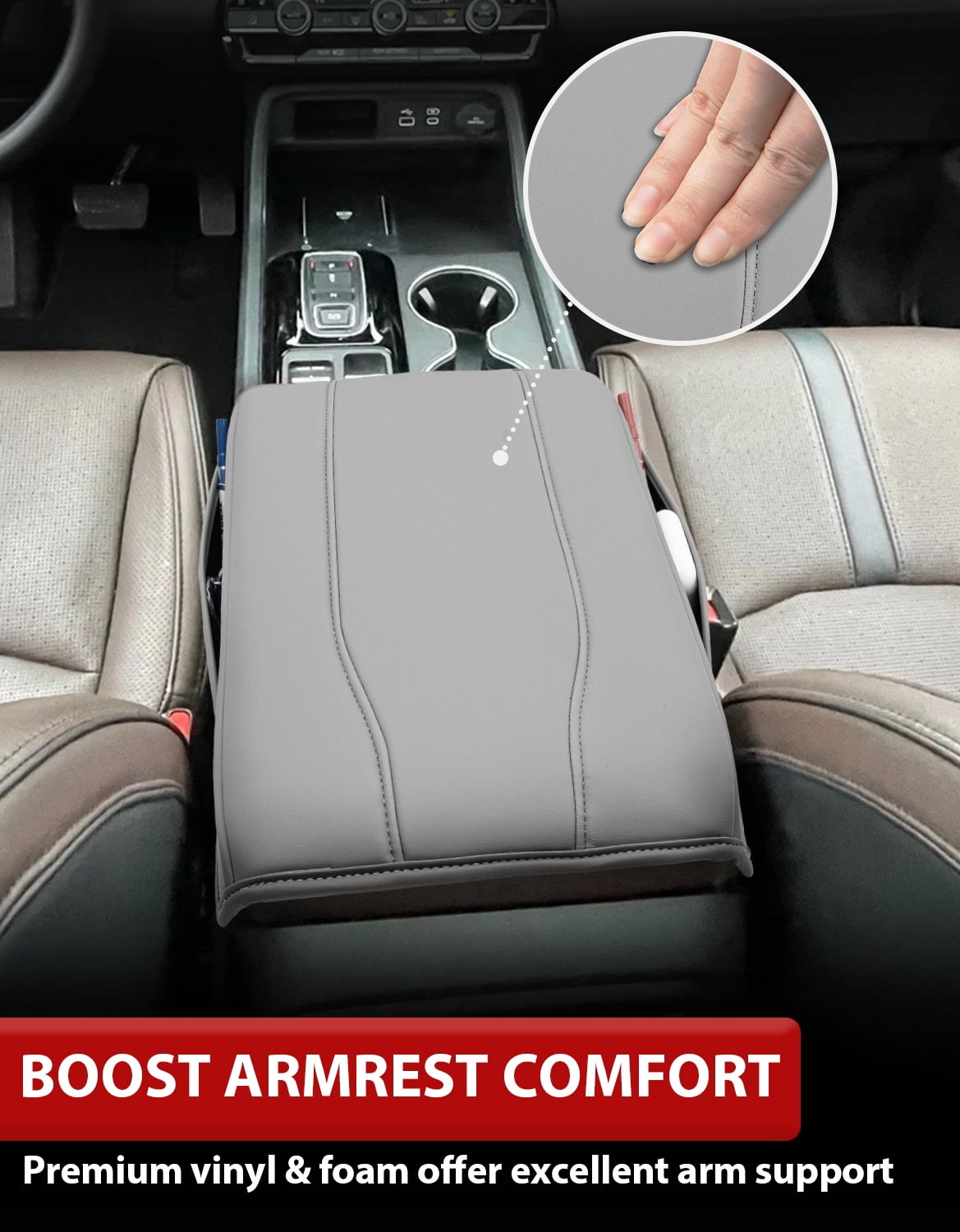 KBH Center Console Cover for 2023-2026 Honda Pilot with Leather Side Pockets, 2024 2025 2026 Honda Ridgeline/Passport Armrest Cover, Middle Console Lid Protector Interior Accessories, Gray