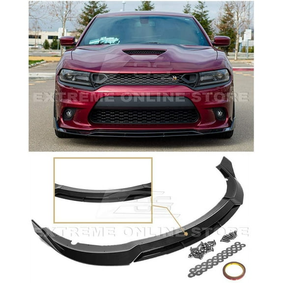 Extreme Online Store Replacement for 2015-Present Dodge Charger | SRT Track Style ABS Plastic Painted Glossy Black 4Pcs Front Bumper Lower Lip Splitter FLIP-246-V2-ABSProduct Name