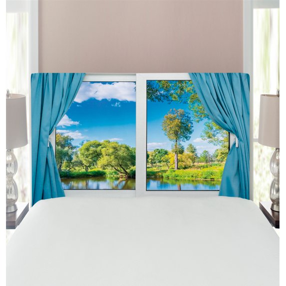 Country Headboard, Rural View from the Window Reflection in Water Lake Tree in Summertime, Upholstered Decorative Metal Bed Headboard with Memory Foam, Twin Size, Slate Blue Green White, by Ambesonne