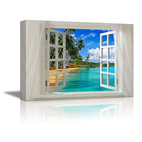 wall26 Glimpse into Beautiful Tropical Beach with Palm Trees Out of Open Window - Canvas Art Wall Art - 24" x 36"
