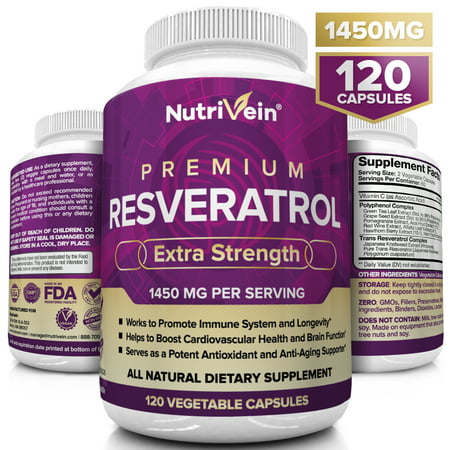 Nutrivein Resveratrol 1450mg - Anti Aging Antioxidant Supplement 120 Capsules - Promotes Immune, Cardiovascular Health and Blood Sugar Support - Made with Trans-Resveratrol, Green Tea Leaf, Acai