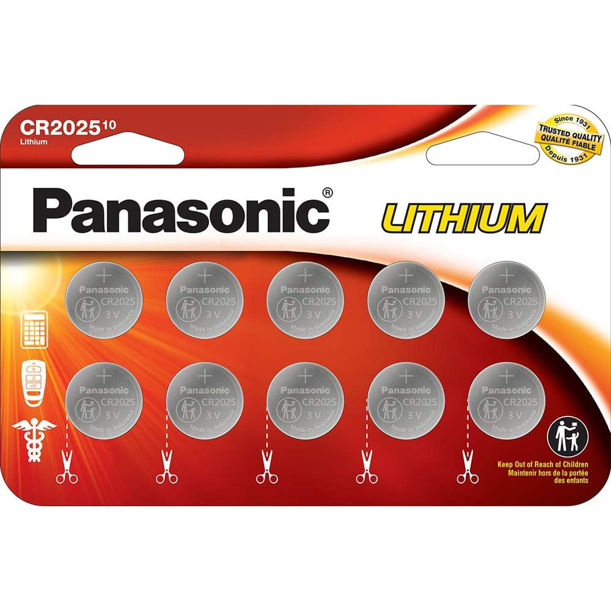 Panasonic CR2025 3.0 Volt Long Lasting Lithium Coin Cell Batteries in Child Resistant, 10 Pack