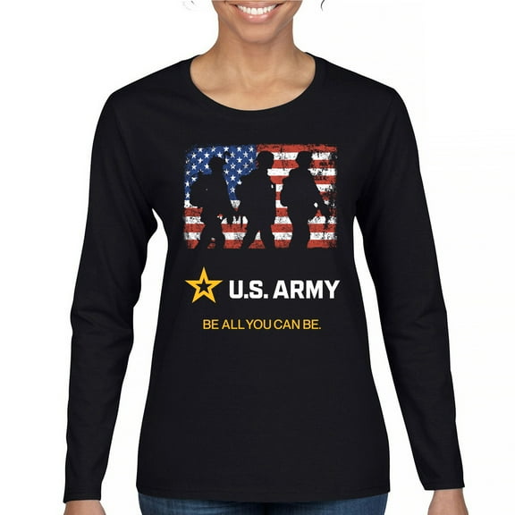 US Army Be All You Can Be Women's Long Sleeve T-shirt American Flag Military Veteran DD 214 Patriotic Armed Forces Licensed
