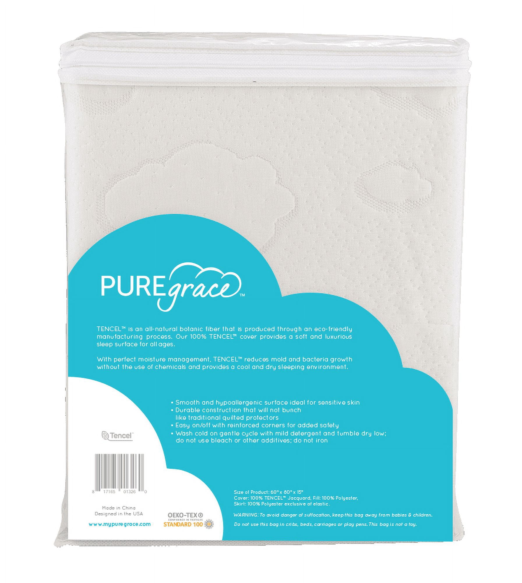 PUREgrace Eucalyptus Queen Mattress Protector - Natural Luxurious Tencel - Waterproof - Breathable Quiet Hypoallergenic pad (60" x 80")