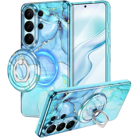 CASEFIV Compatible with Magnetic for Samsung Galaxy S26 Ultra Case with Invisible Ring Stand,Rugged Slim Shockproof Marble Pattern Design Case for Women Men Girls,Blue Marble