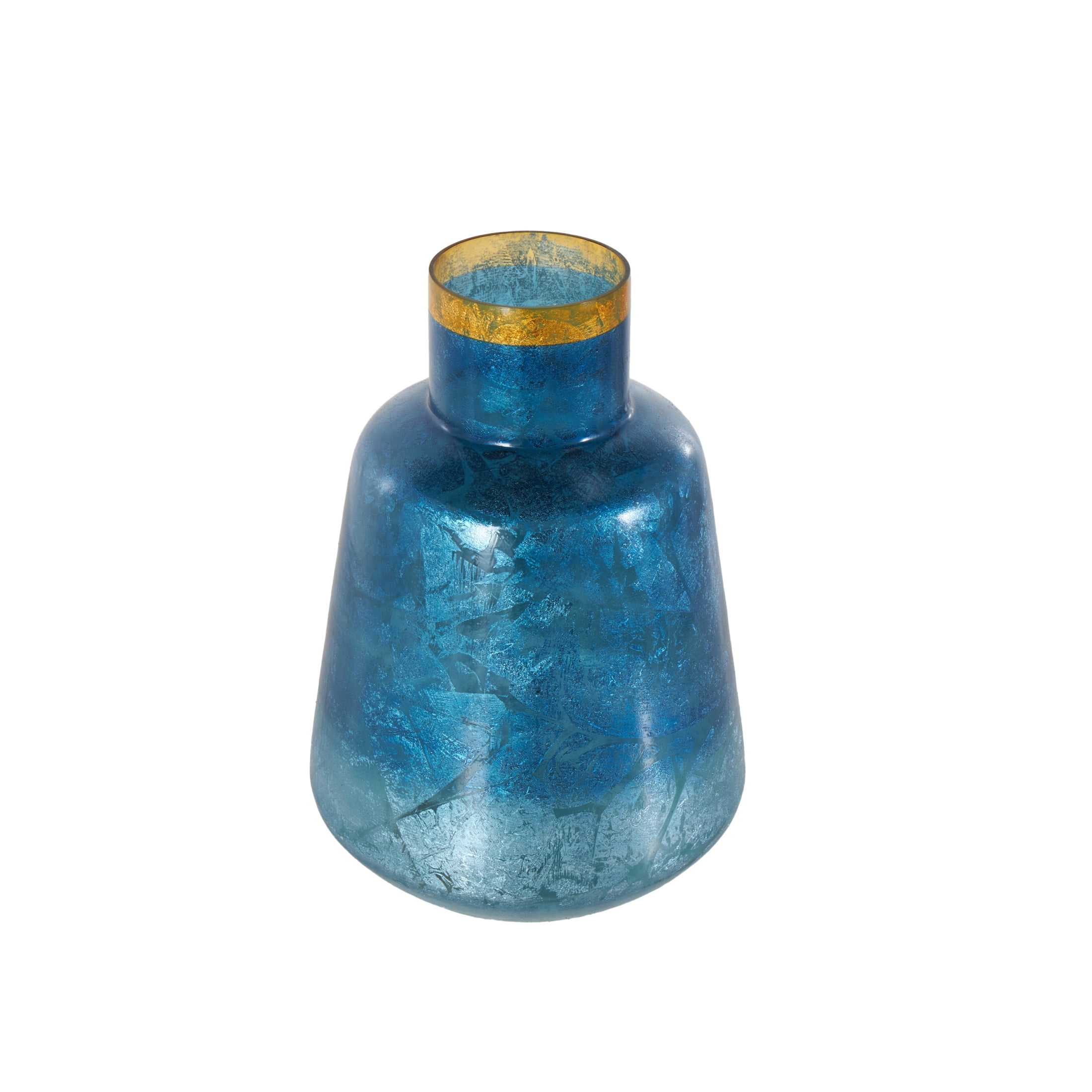 DecMode 14" Handmade Blue Glass Vase with Gold Rim