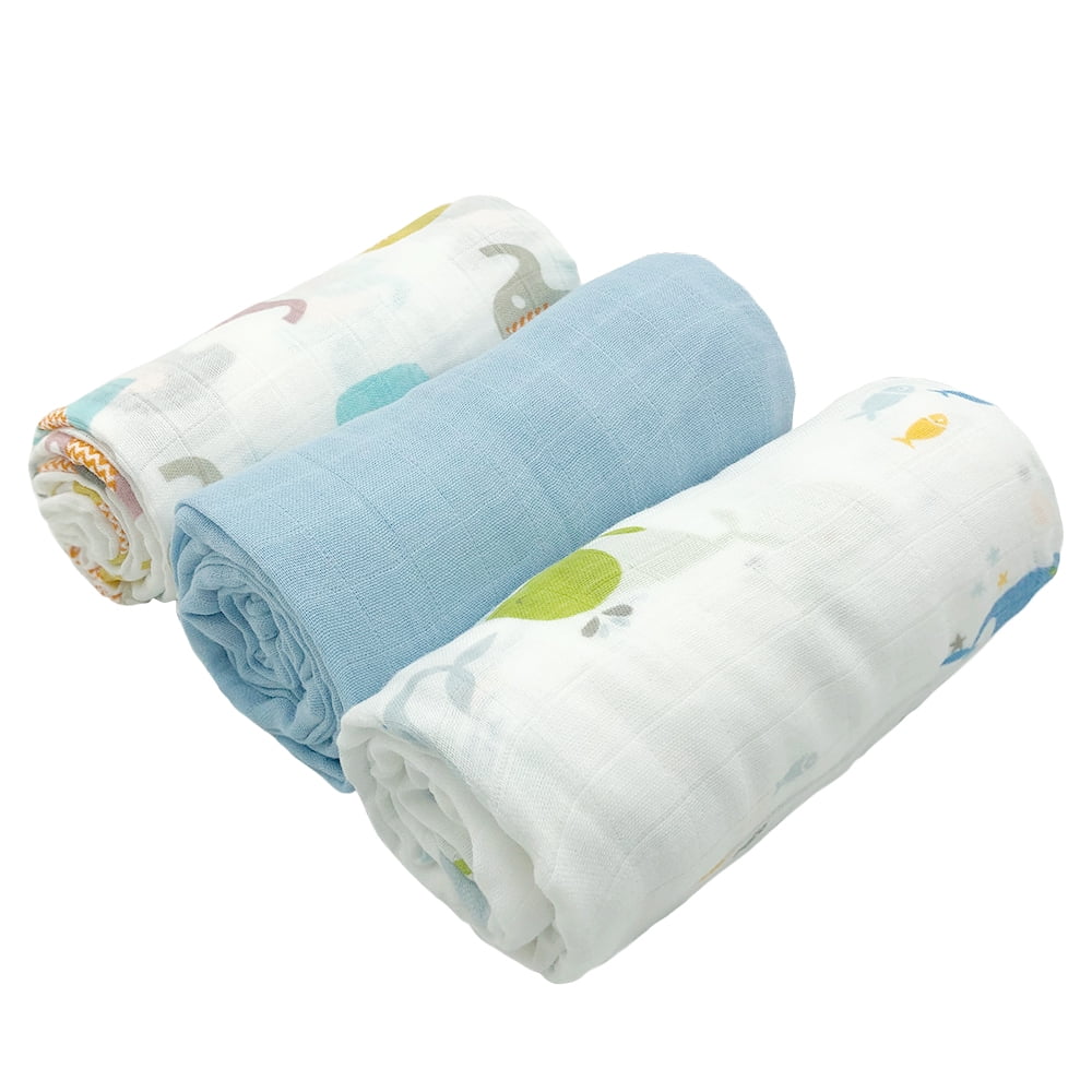 Simple Baby Essentials | Soft Bamboo Muslin Cotton Swaddles - Receiving Blankets | Baby Shower Gift | 3 Pack Large 47'x47' Absorbent Breathable | Boy Light Blue Whale Elephant, Crib