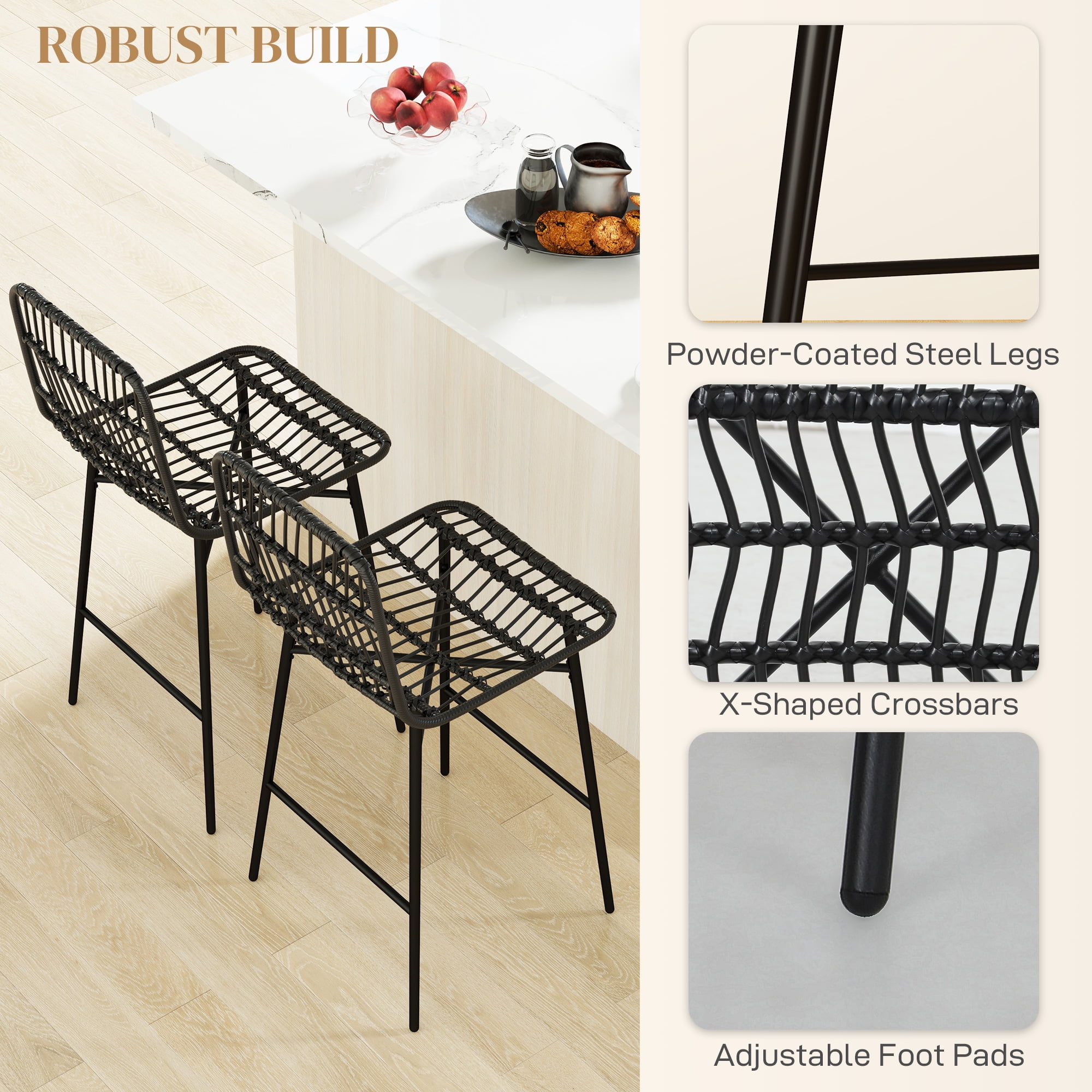 HOMCOM Rattan Counter Height Bar Stools Set of 2, 26" Wicker Barstools with Back, Bar Chairs for Kitchen Island, Kitchen Counter, Dining Room, Black