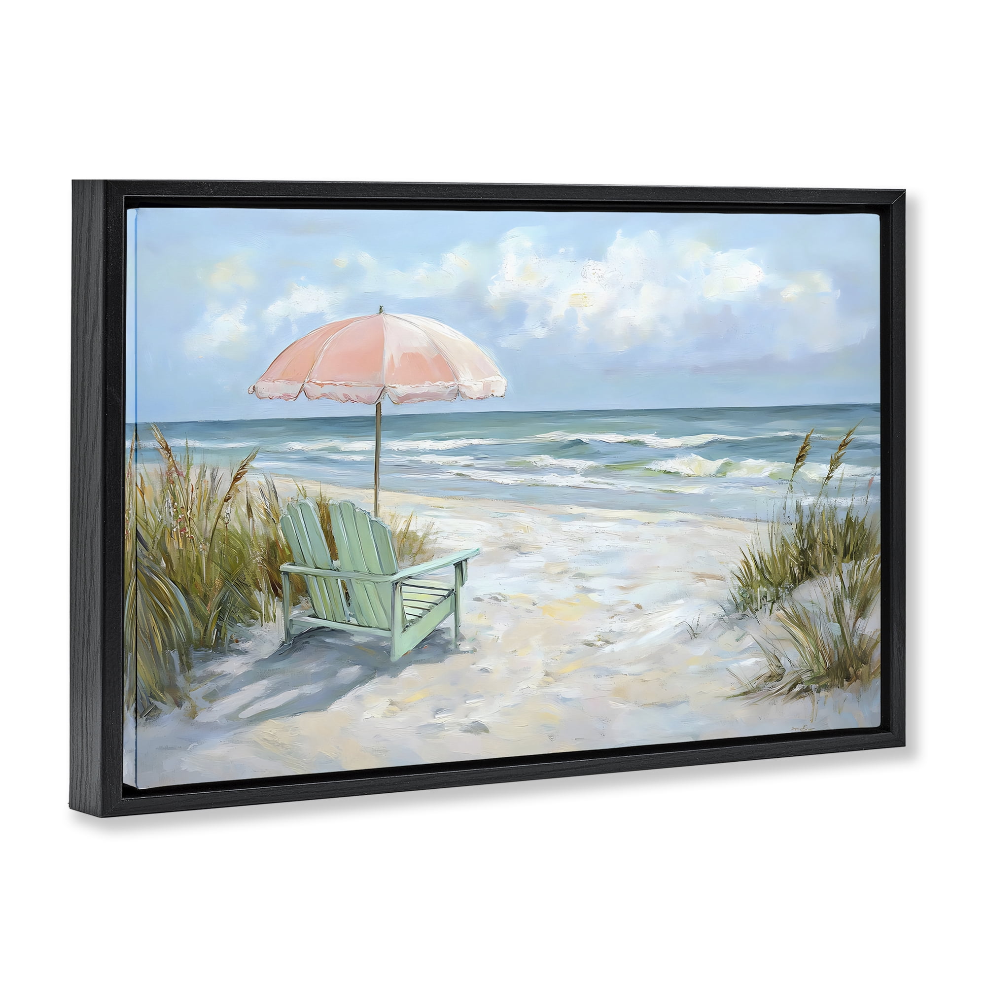 Stupell Industries Seaside Chair & Pink Umbrella Black Framed Floater Canvas Wall Art, design by Creative Studio