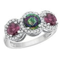 thumbnail image 1 of 14K White Gold Natural Mystic Topaz & Rhodolite Sides Round 3-stone Ring Diamond Accents, size 8, 1 of 2