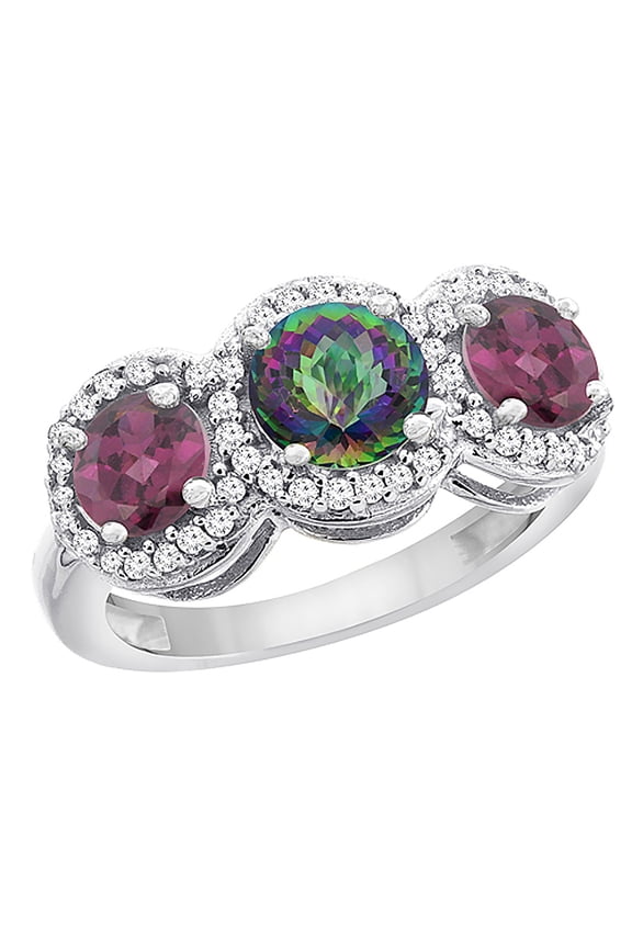 14K White Gold Natural Mystic Topaz & Rhodolite Sides Round 3-stone Ring Diamond Accents, size 5