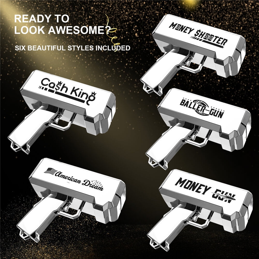Money Guns Shooter 18K Silver Plating with 100 Pcs Fake Money  Make It Rain Dollar Bills Cash Cannon for Party Nightclub Birthday Christmas Wedding Movie Playing Toy Guns