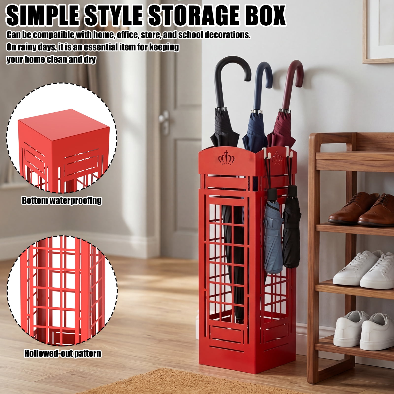 19.5" Tall Umbrella Stand, Metal Freestanding Umbrella Holder for Canes and Entryway Organization, Rustproof Cutout Design, Red