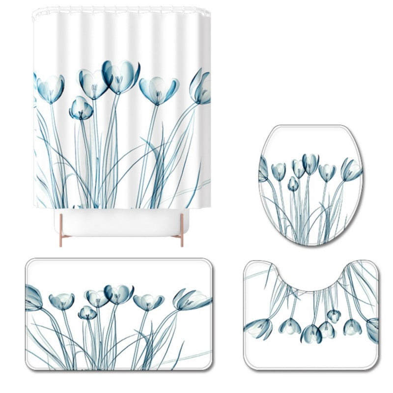 Multi-Style 4PCS Ocean Shower Curtain Set with Rugs,Bathroom Shower Curtain, Non-Slip Bathroom Mat Toilet Rug Bath Mat, Polyester Waterproof Bath Curtain 4PCS Set