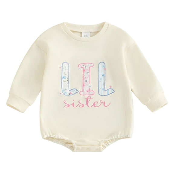 Zaveiop Big Sister Little Sister Matching Outfit Newborn Baby Girl Long Sleeve Romper Toddler Girl Sweatshirt Pullover Top Fall Winter Clothes (6-9 Months, Beige)
