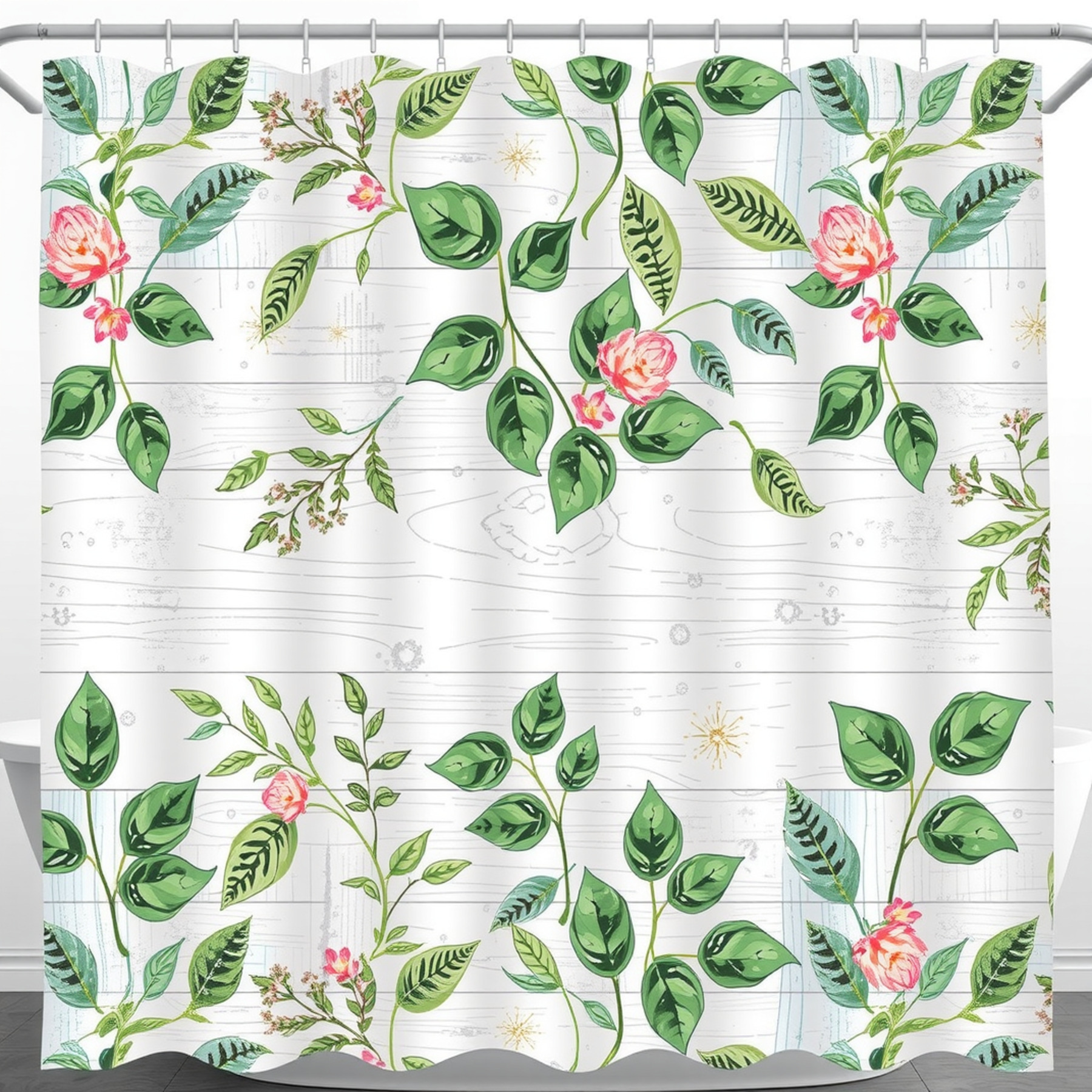 AIBIIN Rideau De Douche Floral 180x180 Cm – Plantes Dorées Rose Aquarelle, Imperméable & Élégant Avec 12 Crochets